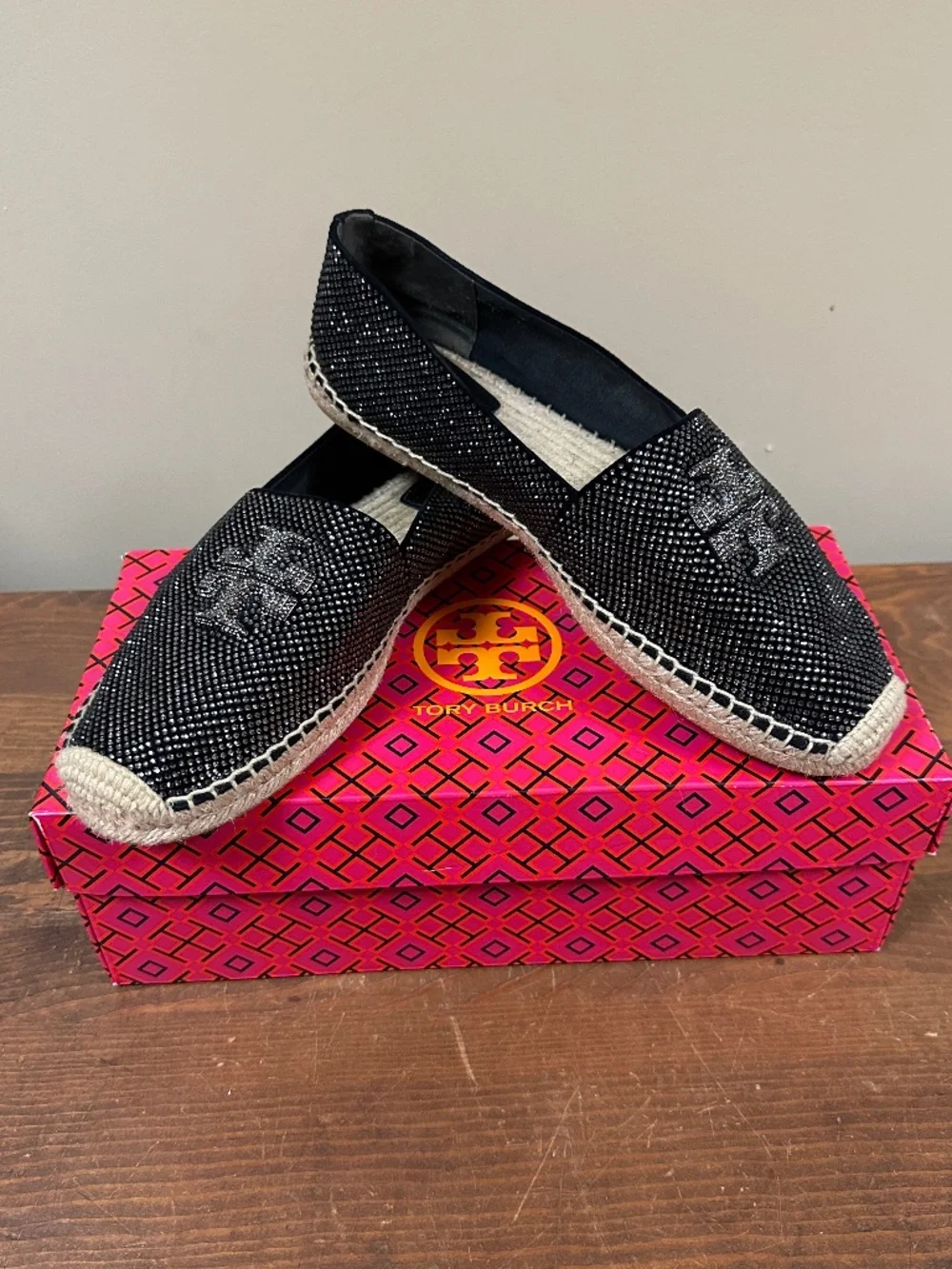 Tory Burch Black Embellished Espadrille Flats Size 10.5